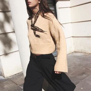 Zara Beige Cozy Oversize Pullover Cropped Knit Sweater Sz Large